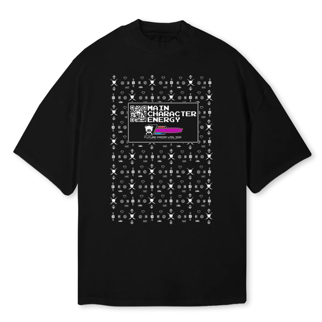 ALIEN PATTERN MCE Black Oversized Mock Neck Tee.