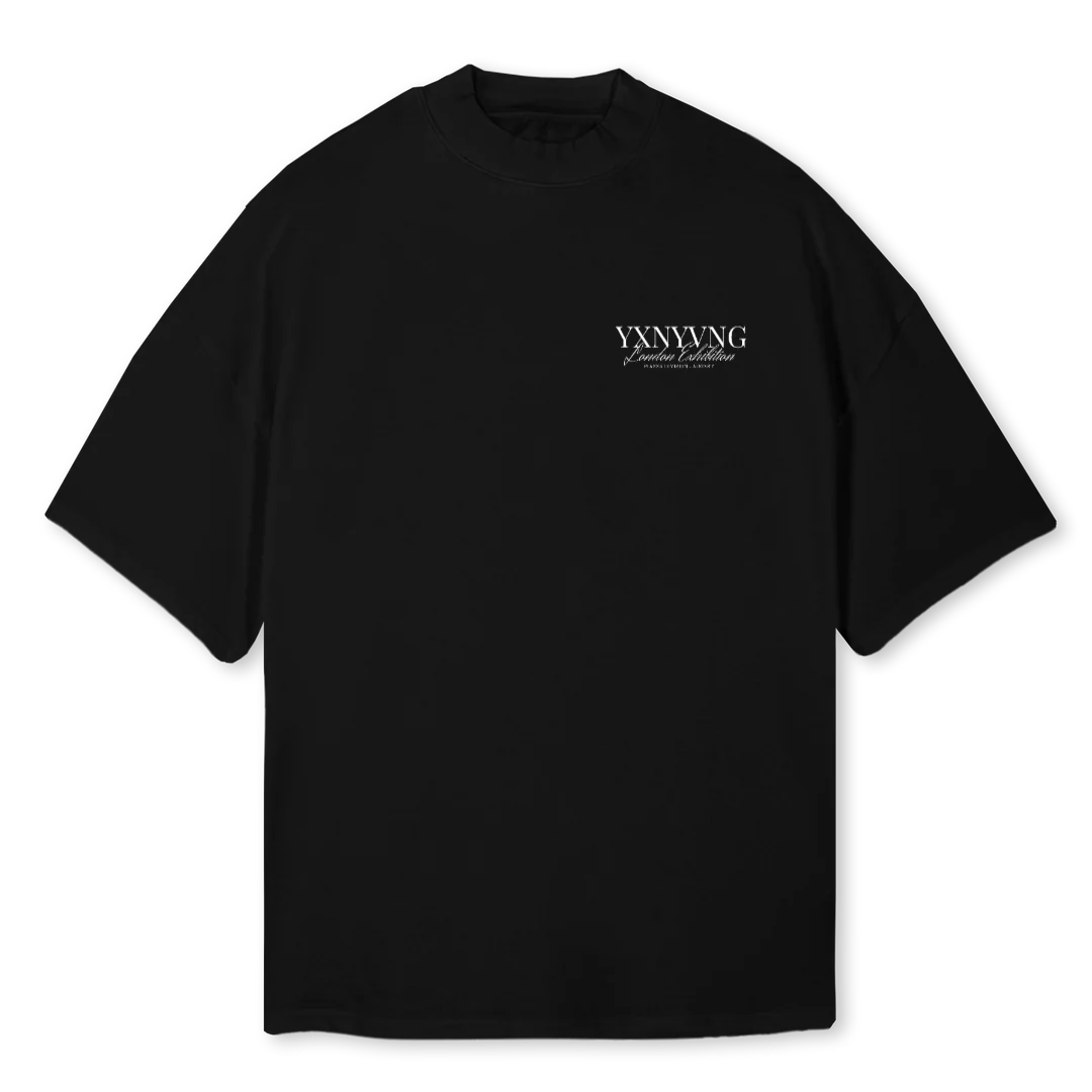 BACK WORDS MOCK T Black Oversized Mock Neck Tee.