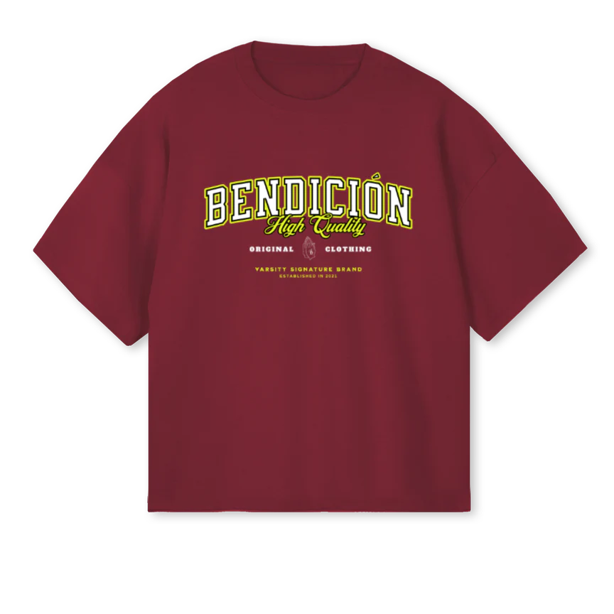BENDICION VARSITY Burgundy Oversized Boxy Tee.
