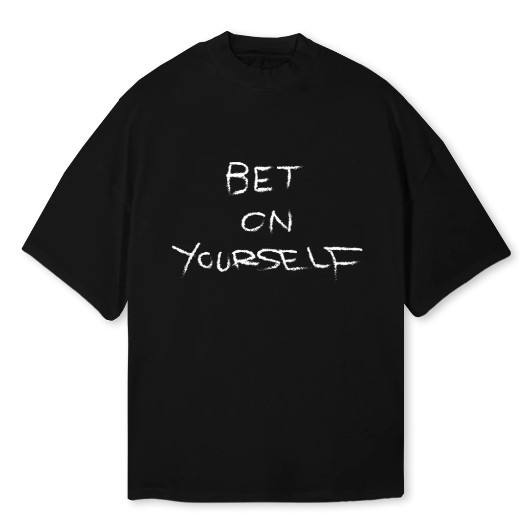 BETONYOURSELFMOCKNEC Black Oversized Mock Neck Tee.