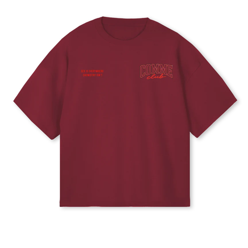 BURGTEEVALENTINE Burgundy Oversized Boxy Tee.