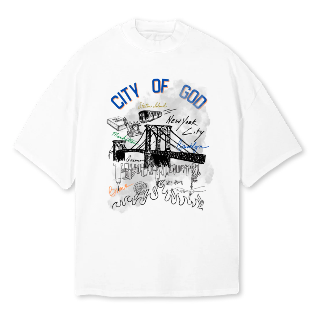 COGMERCHFINALMETBLUE White Oversized Mock Neck Tee.