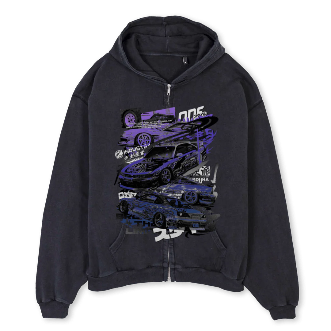DICMXODFVBH Vintage Black Oversized Zipped Hoodie.