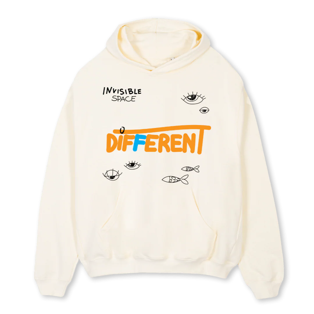 DIFFERENT BEING Cream Oversized Hoodie.