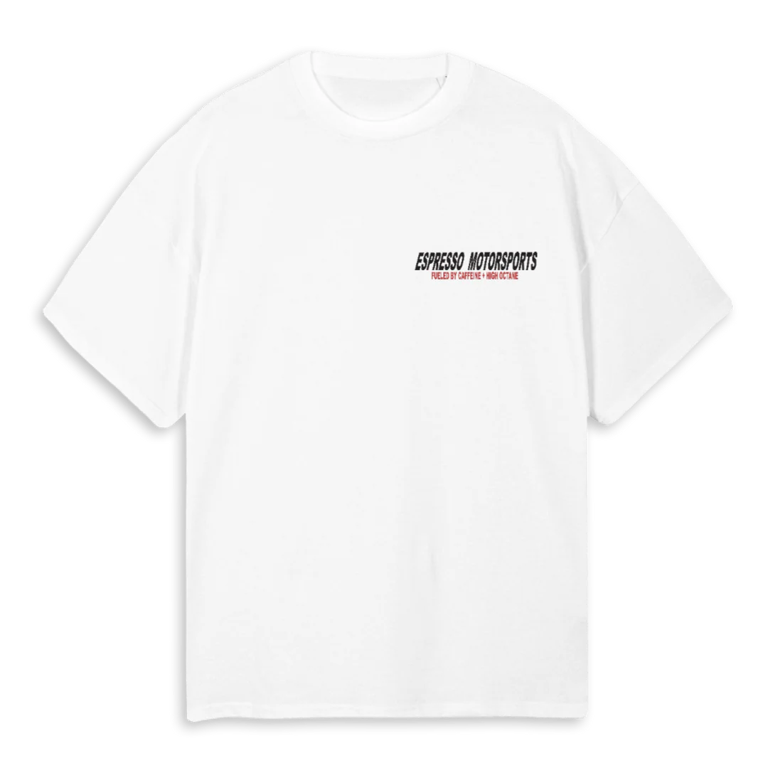 EMSCAFERACER White Oversized Tee.