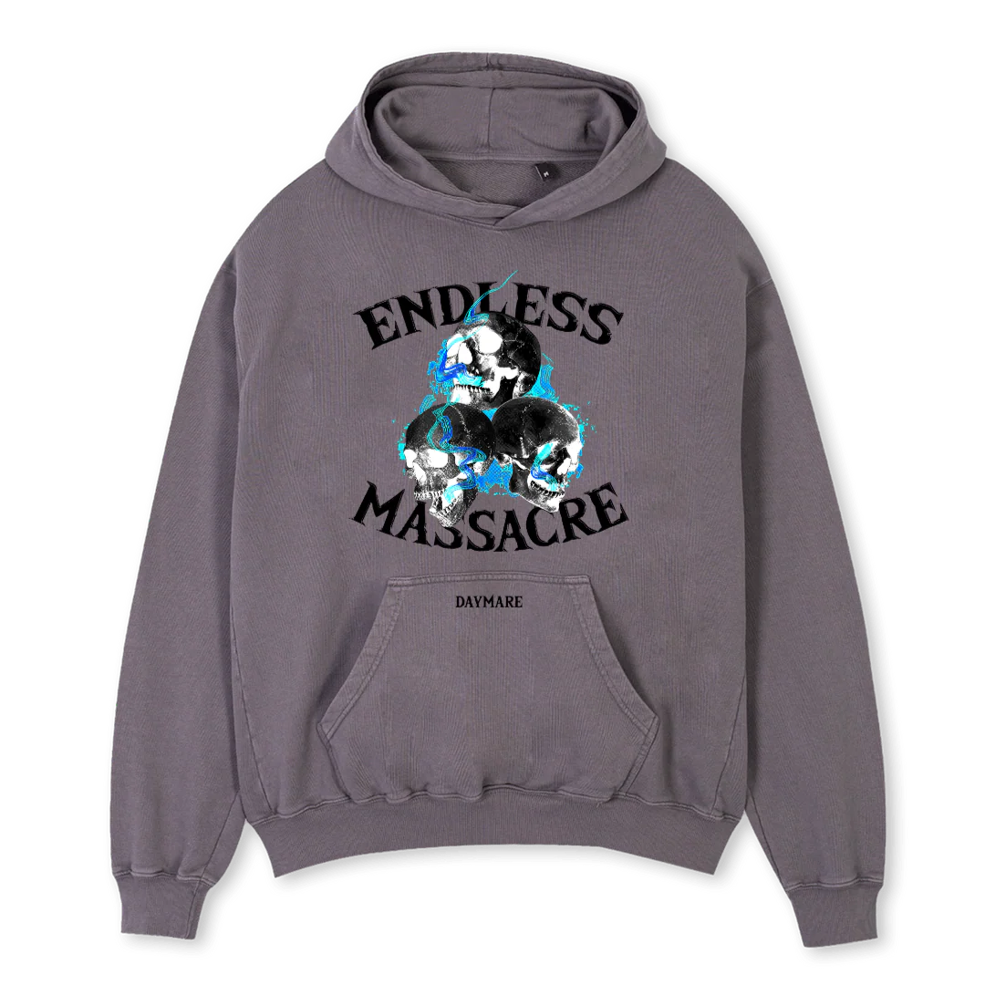 ENDLESS MASSACRE Pigment Grey Oversized Hoodie.
