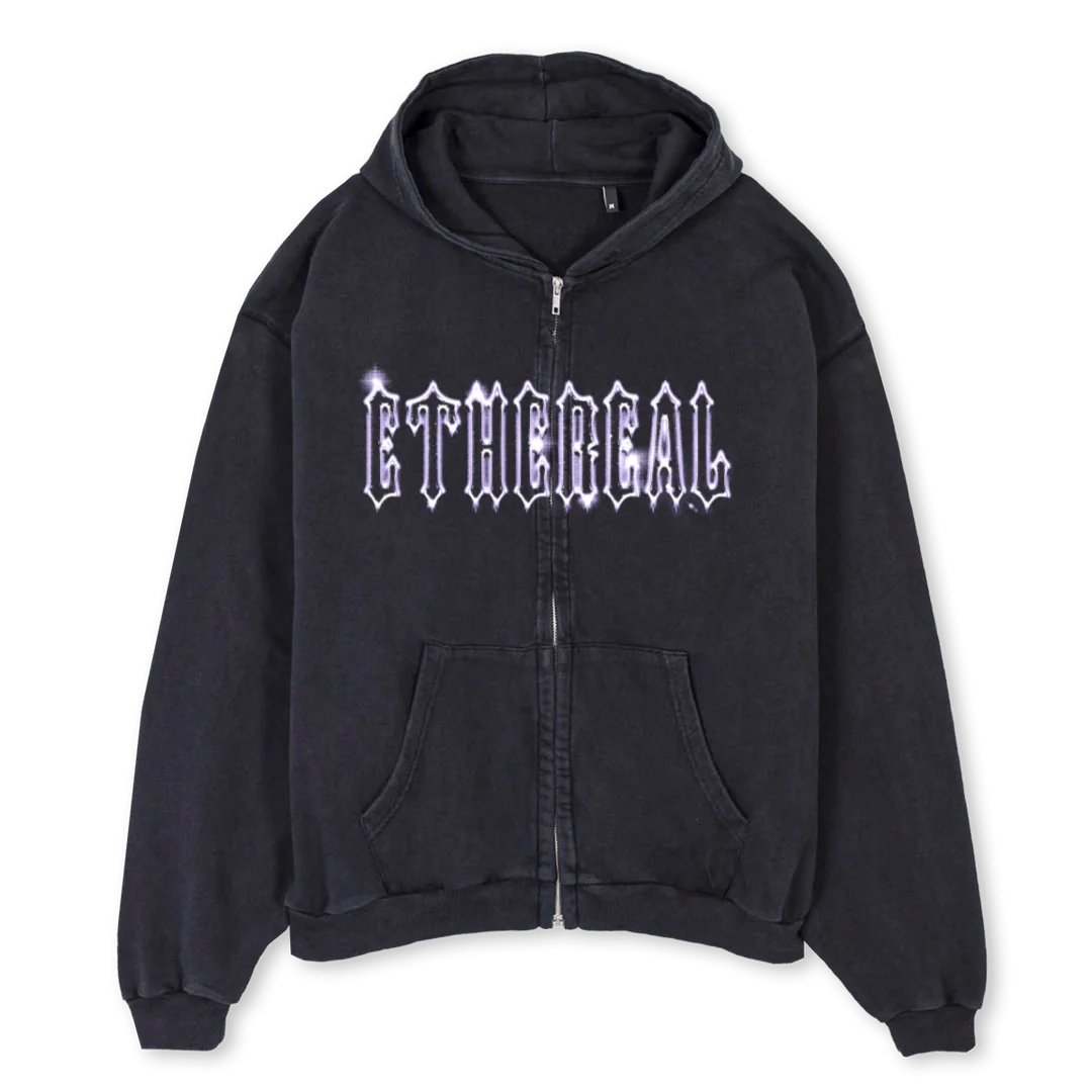 ETHEREAL ZIP HOODIE Vintage Black Oversized Zipped Hoodie.