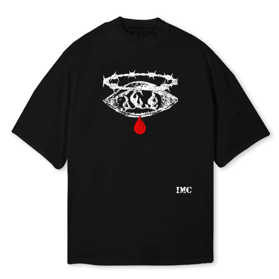 FEELPAINLETGO Black Oversized Mock Neck Tee.