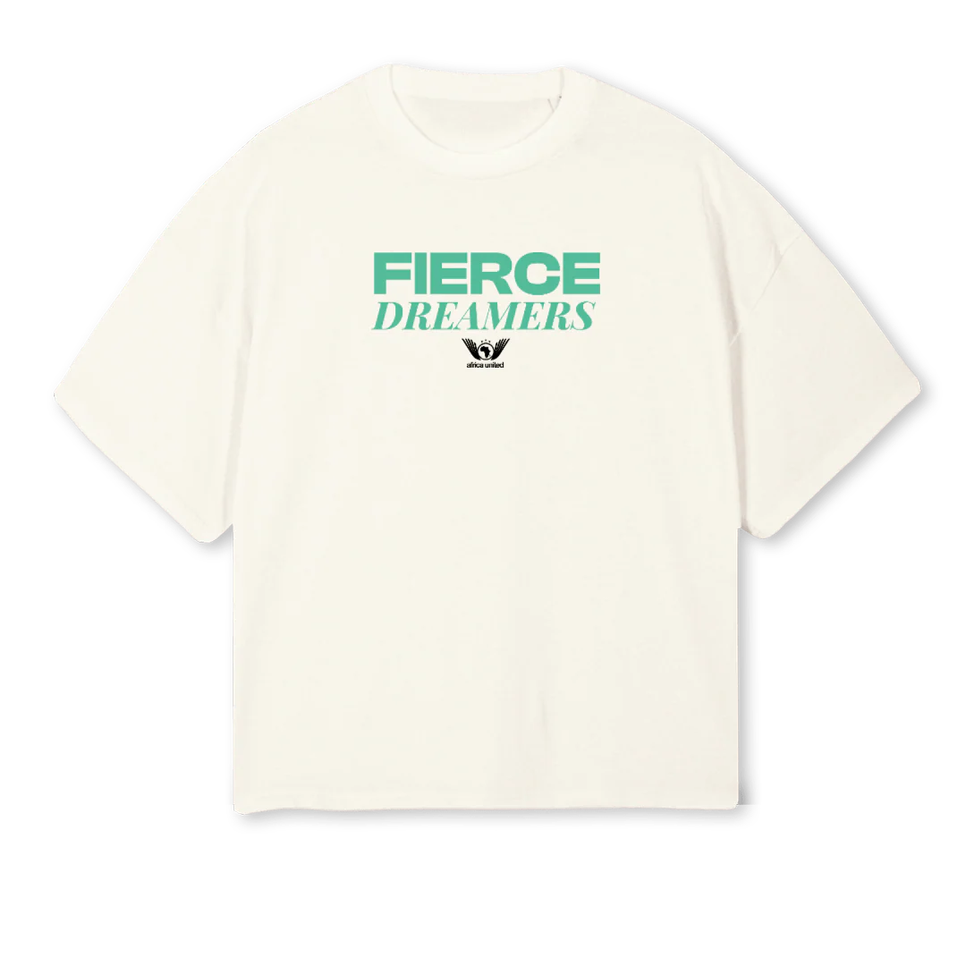 FIERCE DREAMERS Cream Oversized Boxy Tee.