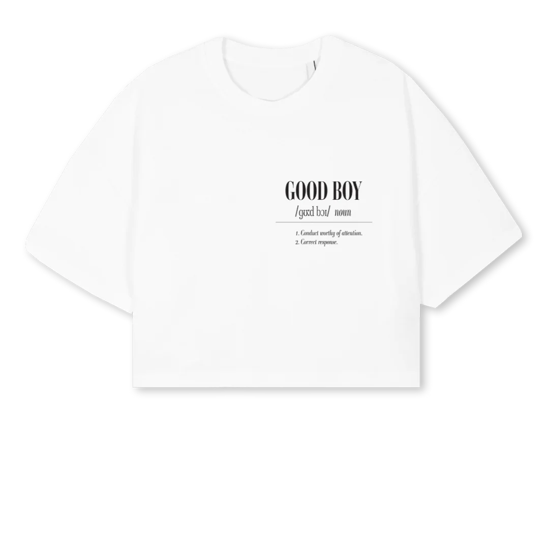 GB DEFWHITECROP White Cropped Oversized Tee.
