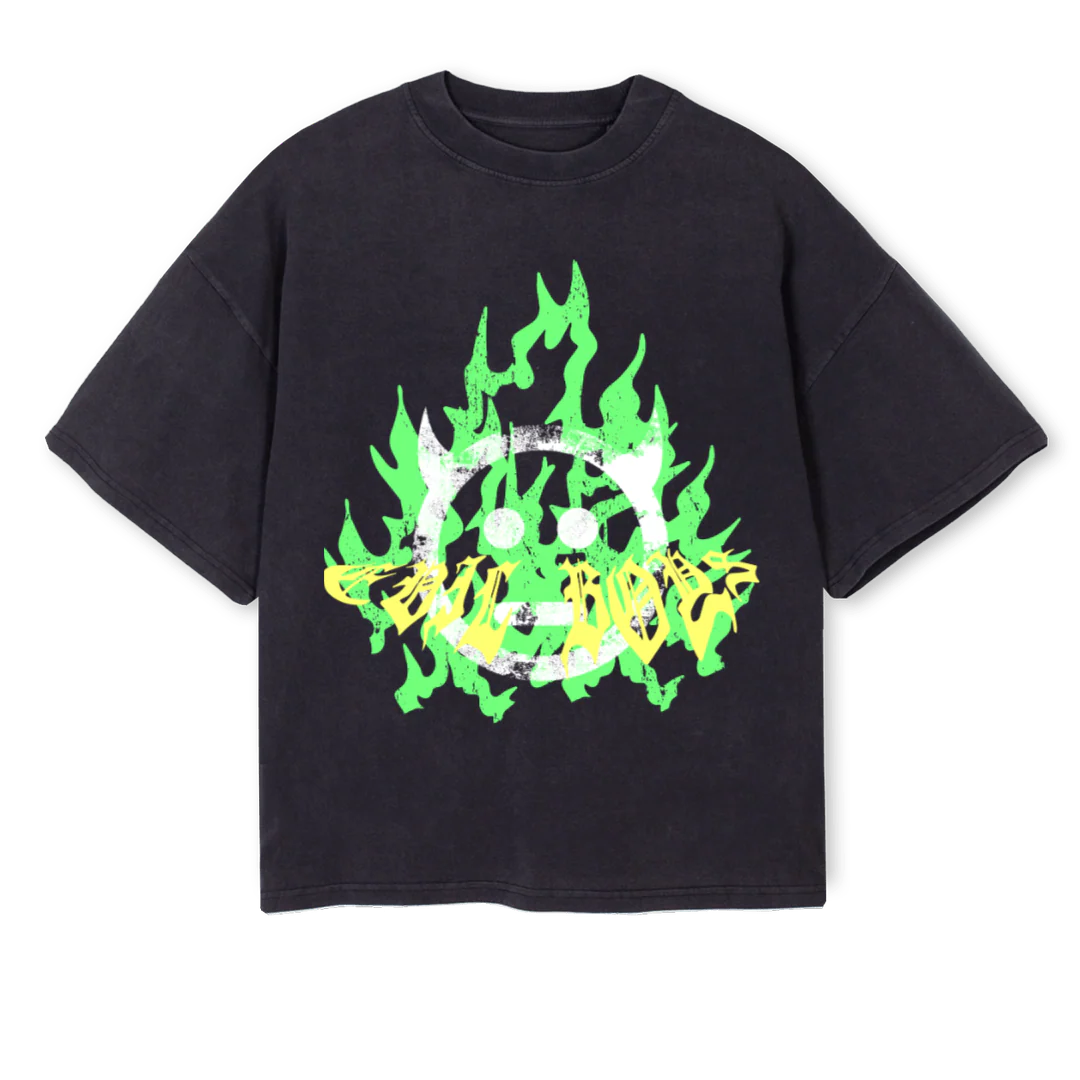 GREENFLAMEYELLOWEVBX Vintage Black Oversized Boxy Tee.