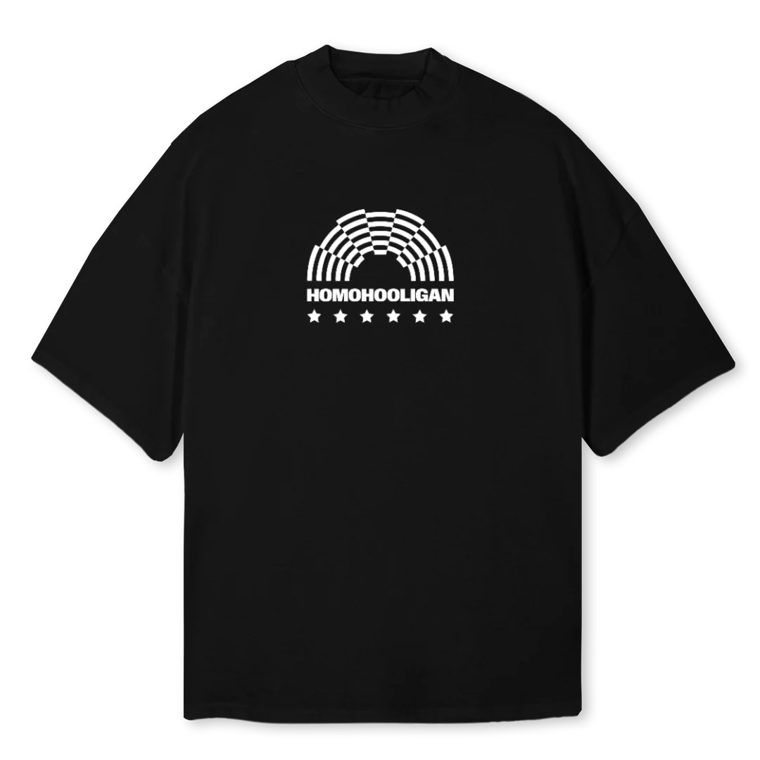 HOMOHOOLIGAN SAMPL Black Oversized Mock Neck Tee.