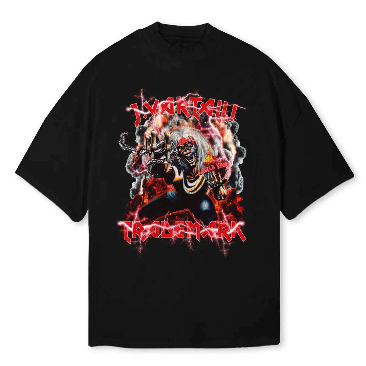 IRONMAIDENTEE Black Oversized Mock Neck Tee.