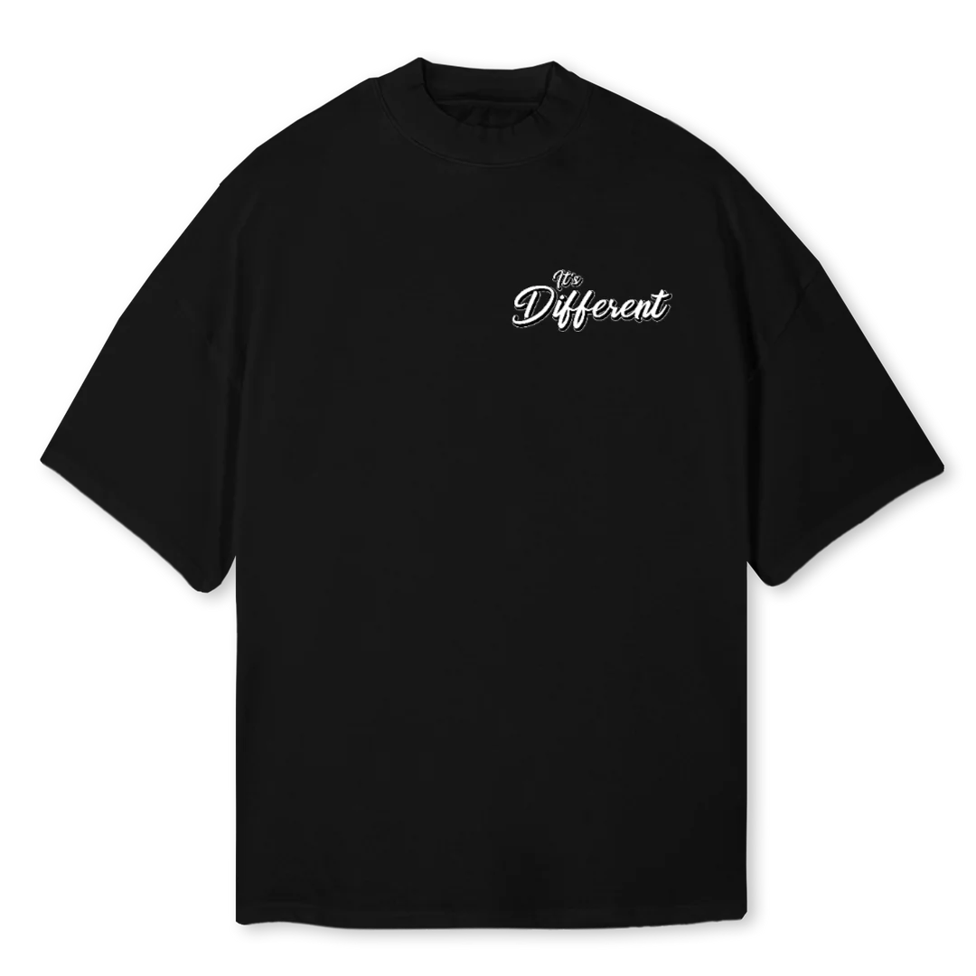 ITSDIFFMOCKBLACK Black Oversized Mock Neck Tee.
