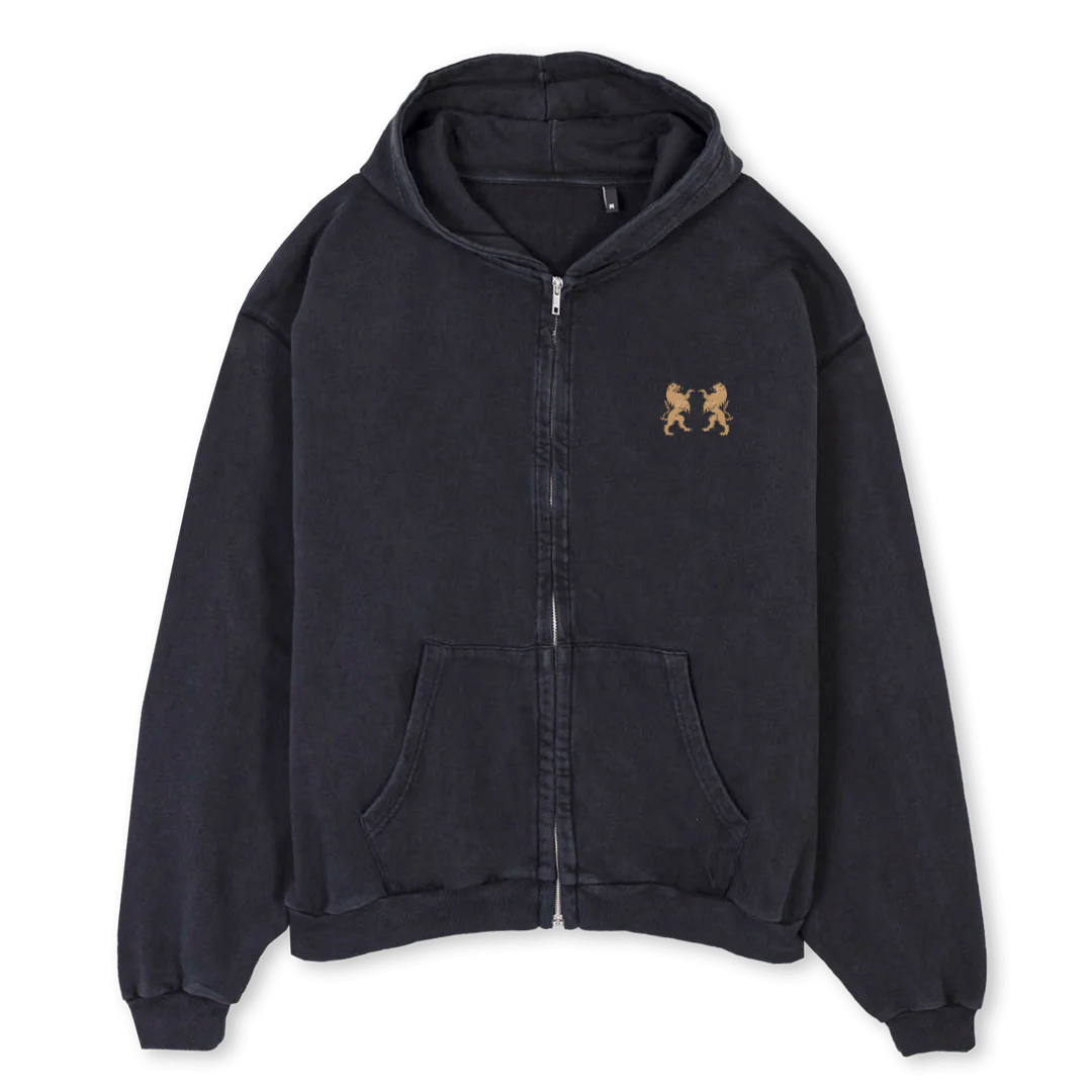 LION ZIPPER HOUD Vintage Black Oversized Zipped Hoodie.