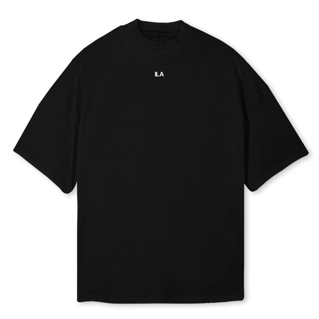 LOVEFOREVERMOCK Black Oversized Mock Neck Tee.