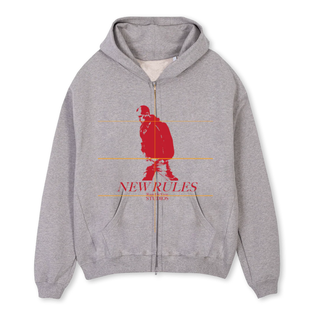 NEWRULESRED Grey Marl Oversized Zipped Hoodie.
