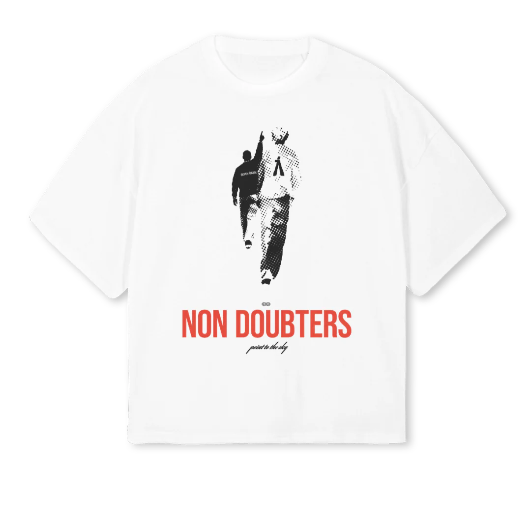 NON DOUBTERS FRONT White Oversized Boxy Tee.