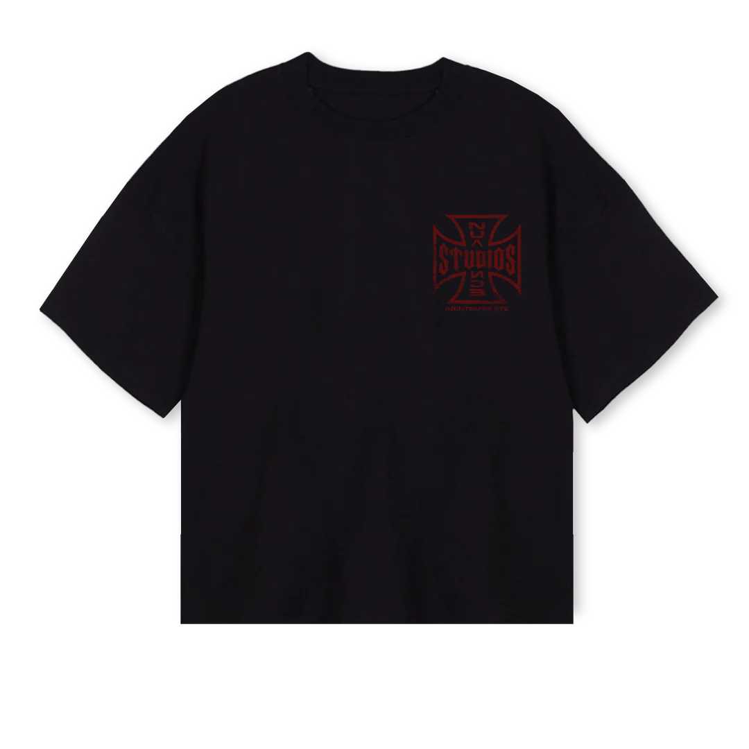 NUANCECROSSRED Black Oversized Boxy Tee.