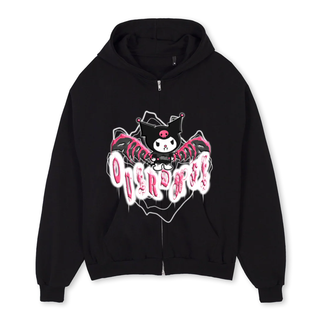 OVERDXSE Black Oversized Zipped Hoodie.
