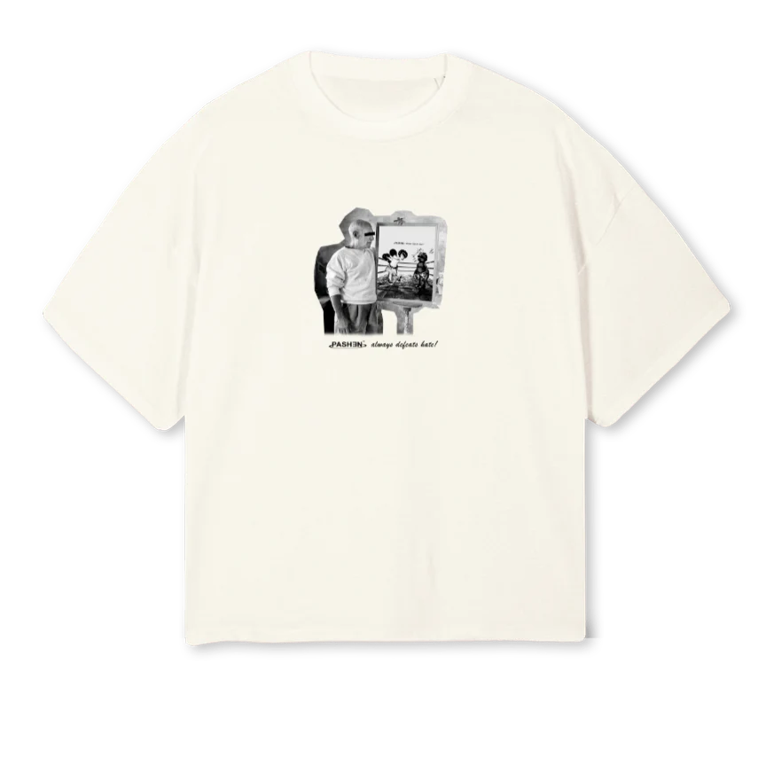PASHEN DEFEATS EVIL Cream Oversized Boxy Tee.