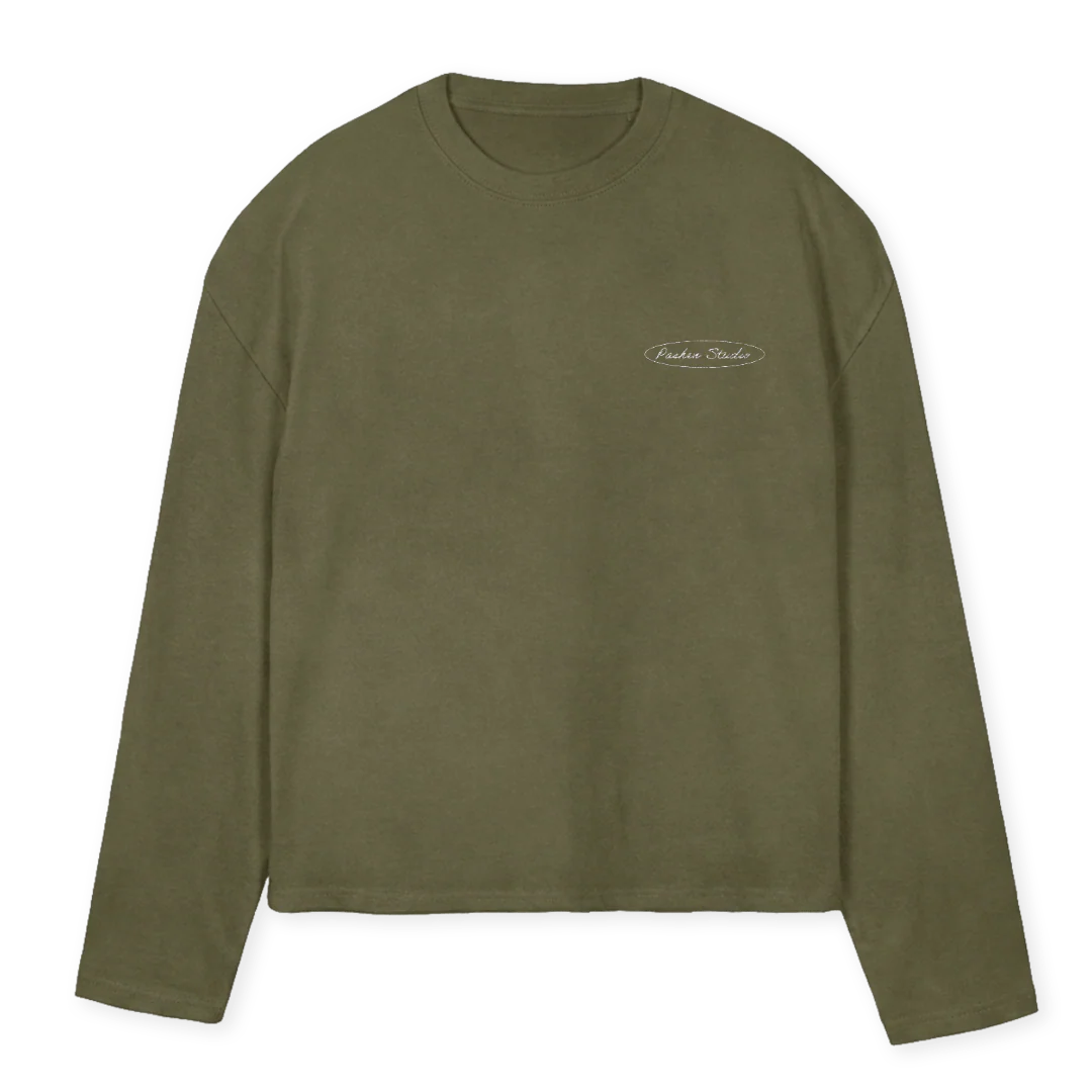 PASHEN_2 Vintage Olive Oversized Boxy LS Tee.