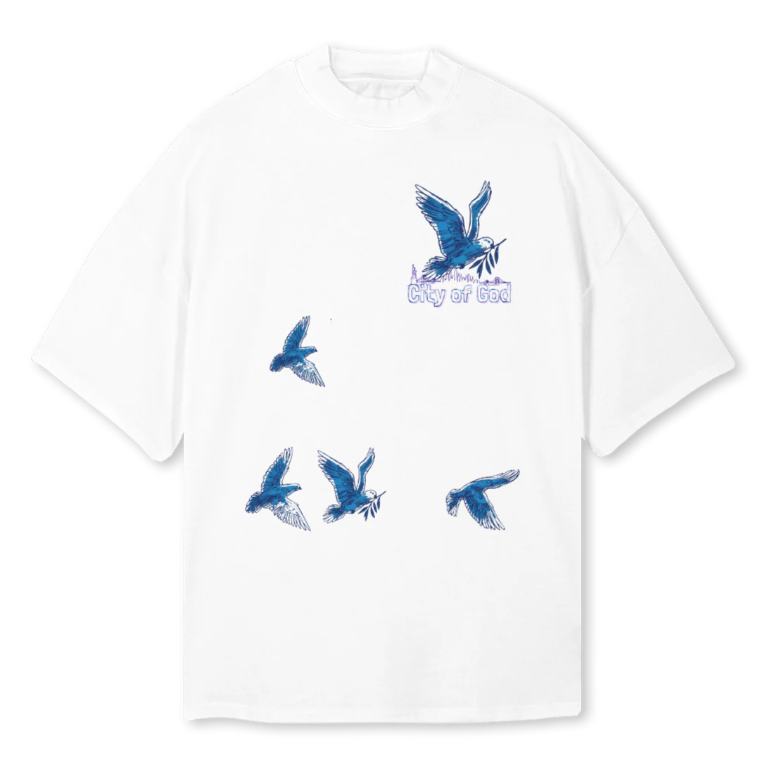 PEACEINTHISCITMOCK White Oversized Mock Neck Tee.