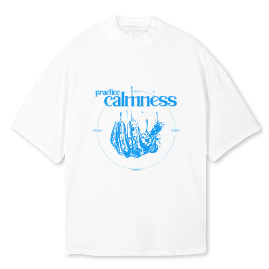 PRACTICECALMNESS White Oversized Mock Neck Tee.
