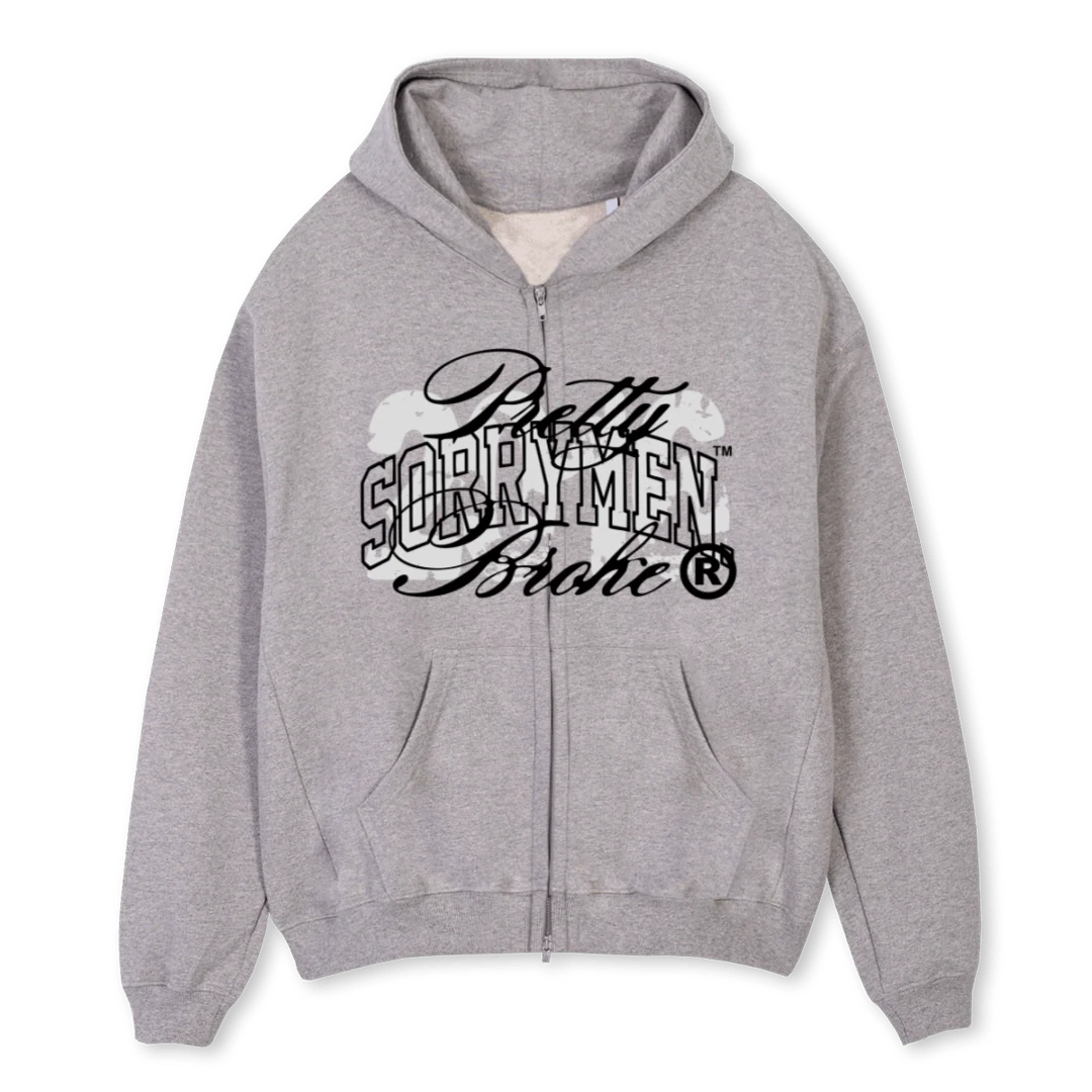 PRETTYBROKEHOODIE Grey Marl Oversized Zipped Hoodie.