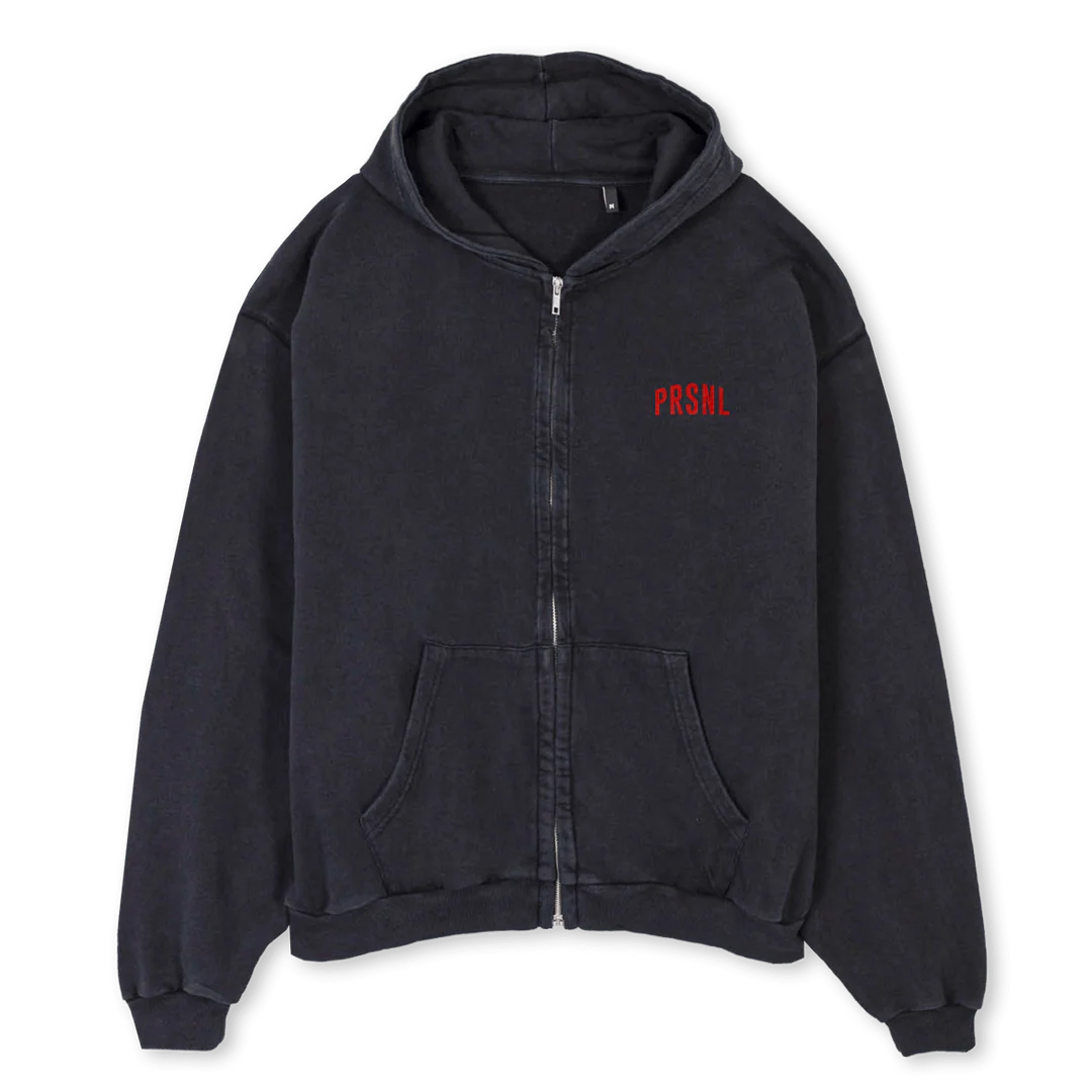 PRSNLZIPREDLOGGO Vintage Black Oversized Zipped Hoodie.