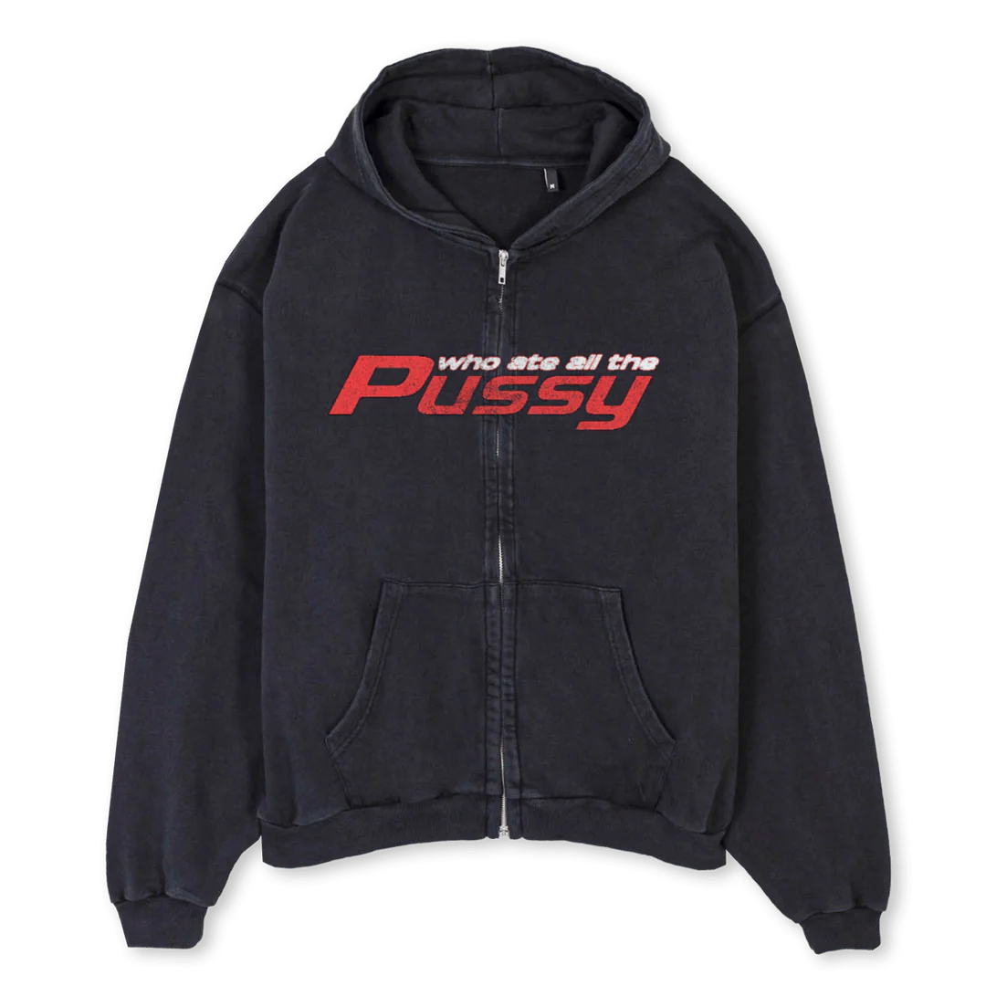 PUSSYHOODIE Vintage Black Oversized Zipped Hoodie.