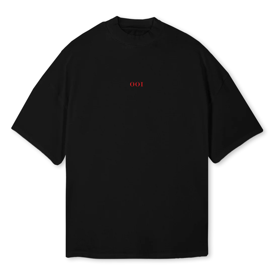 RAVEONOMICSOOI Black Oversized Mock Neck Tee.