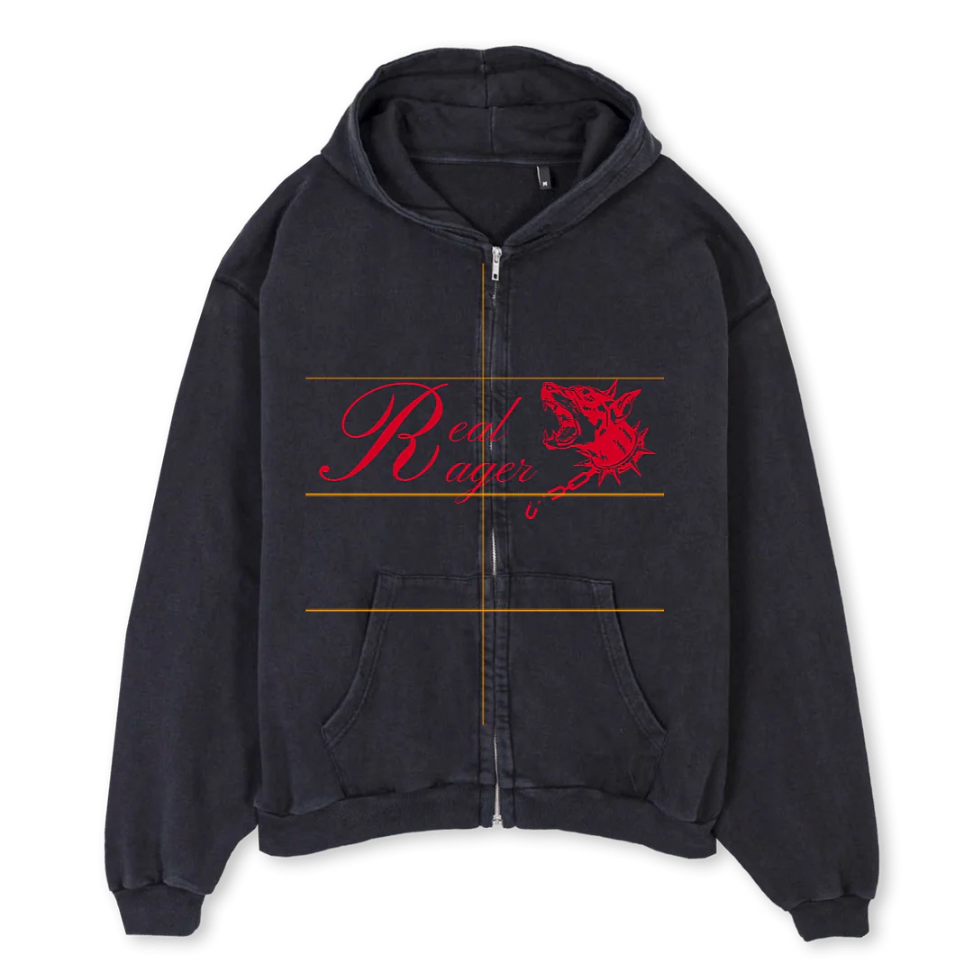 REALRAGERRED Vintage Black Oversized Zipped Hoodie.
