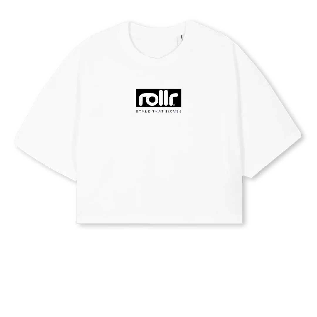ROLLRCROPTEE White Cropped Oversized Tee.