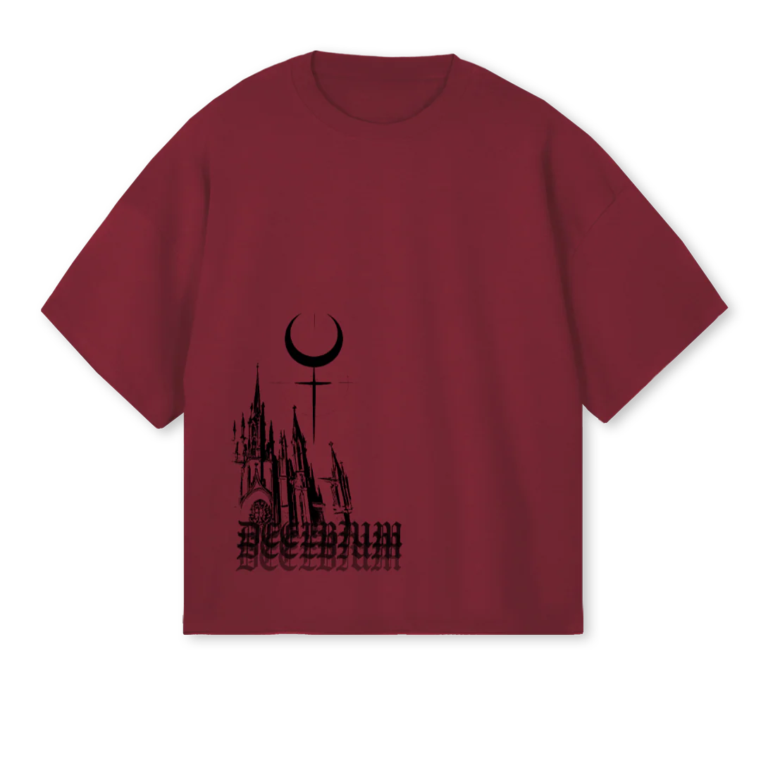 SYNDICATEDELIRIUM Burgundy Oversized Boxy Tee.