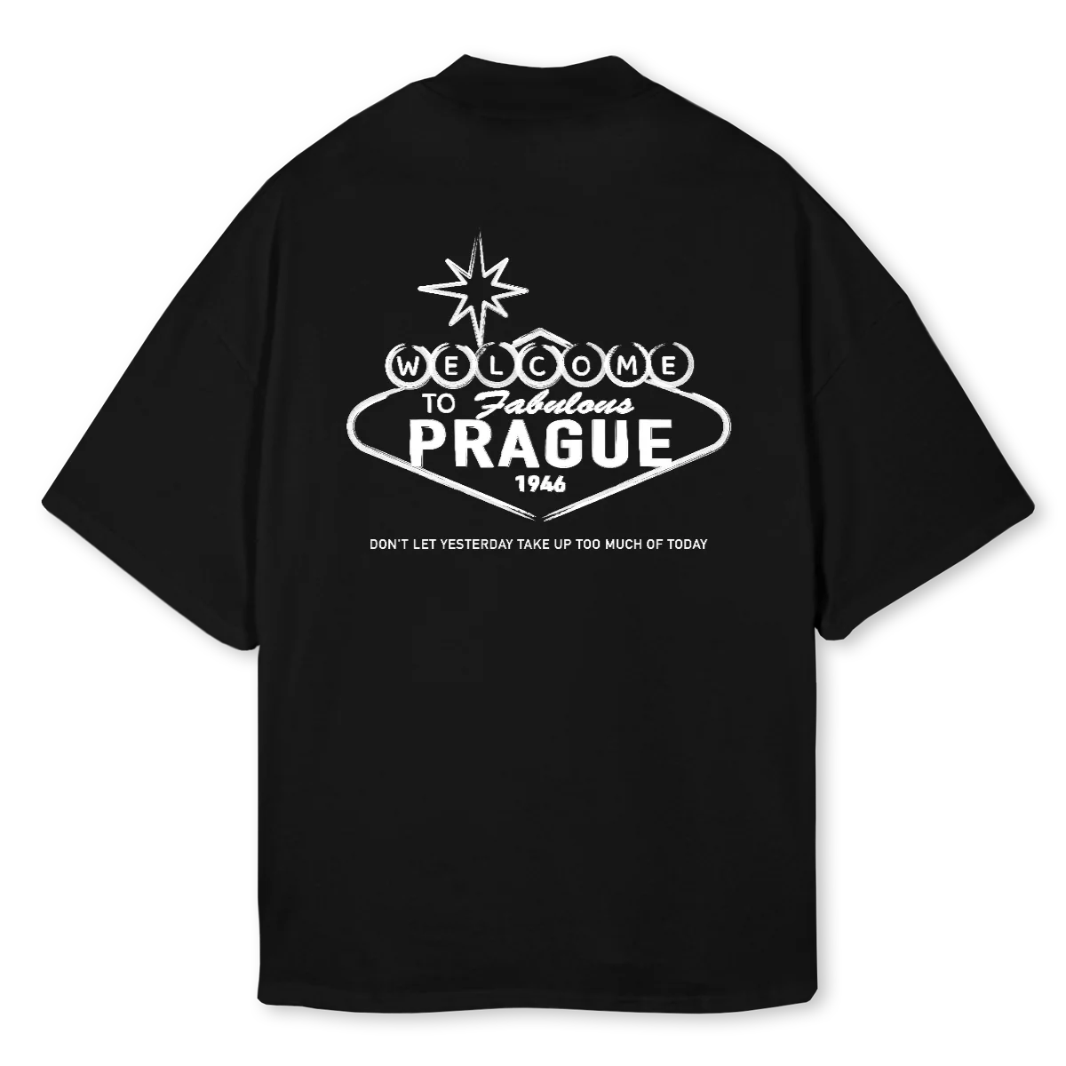 WELCOME TO PRAGUE Black Oversized Mock Neck Tee.