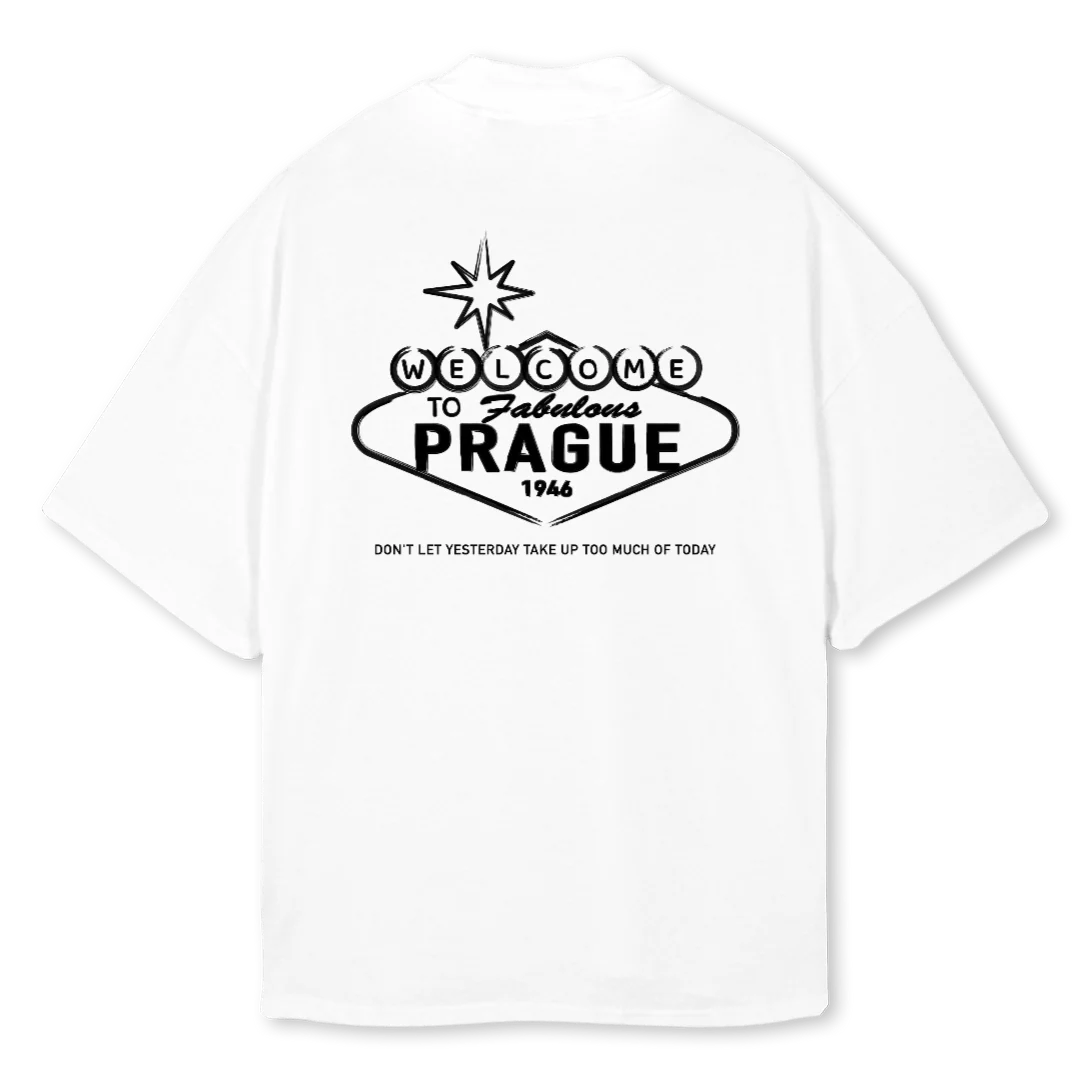 WELCOME TO PRAGUE White Oversized Mock Neck Tee.