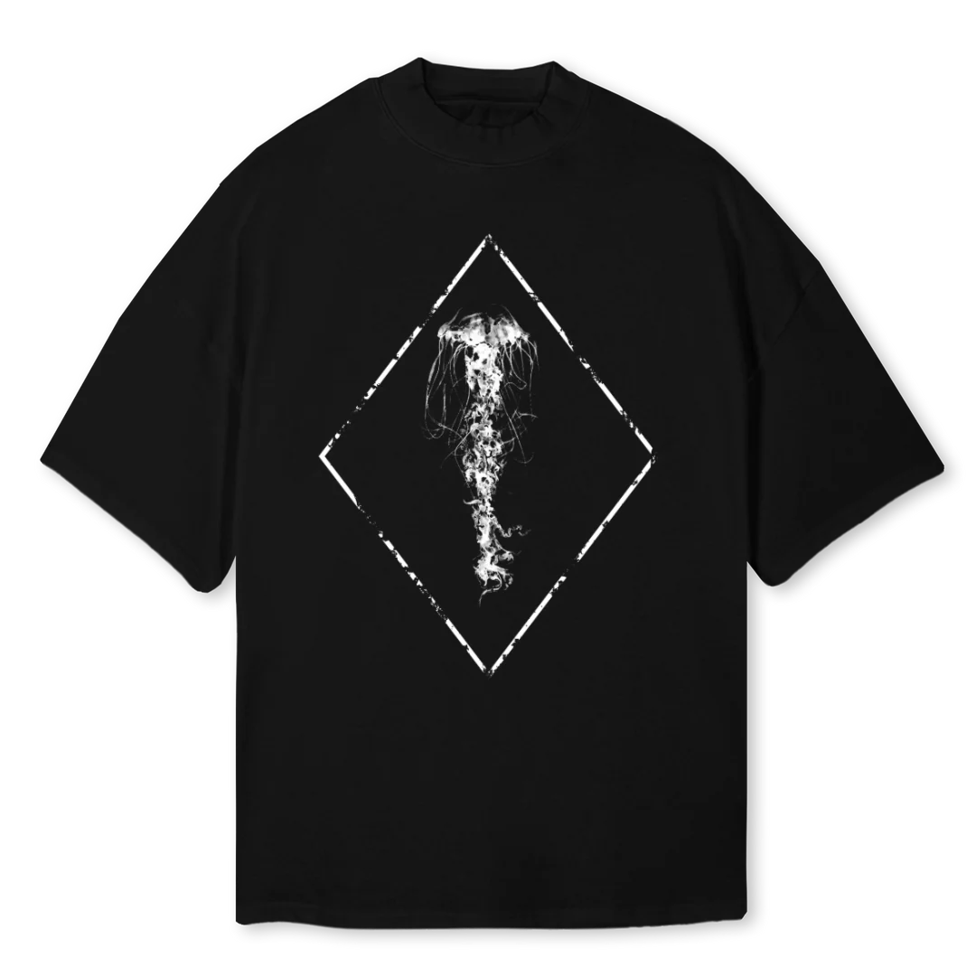 WJELLYWHITE Black Oversized Mock Neck Tee.