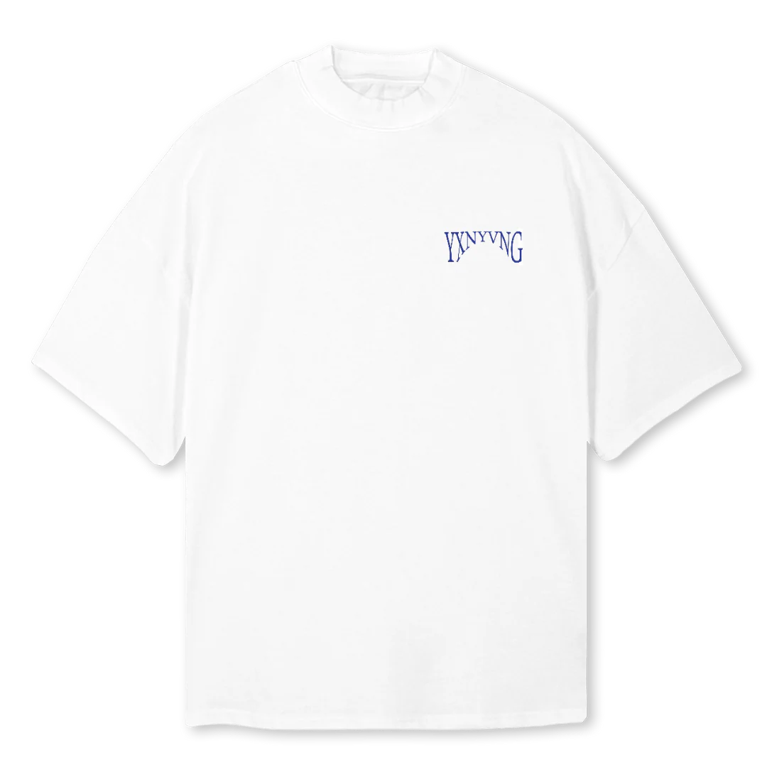 YXN VNGEL White Oversized Mock Neck Tee.