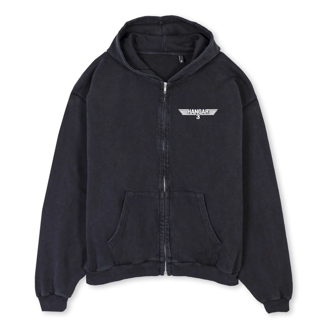 ZIPHOODVINTAGEHANGAR Vintage Black Oversized Zipped Hoodie.